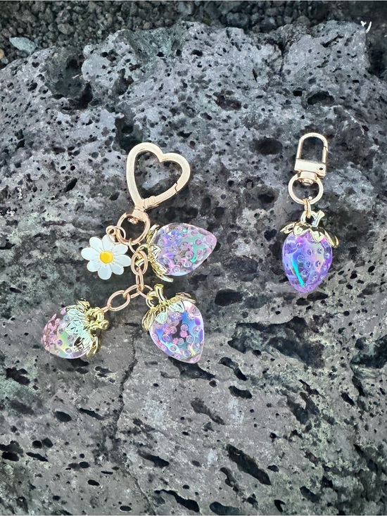Unbraded Accessories - 2-Piece Iridescent Strawberry Bag Charm Keychain Set Pink Gold